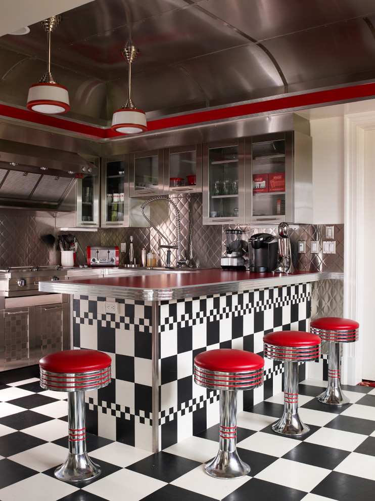 retro diner style black and white tiles floors red cococola vintage retro eclectic-kitchen