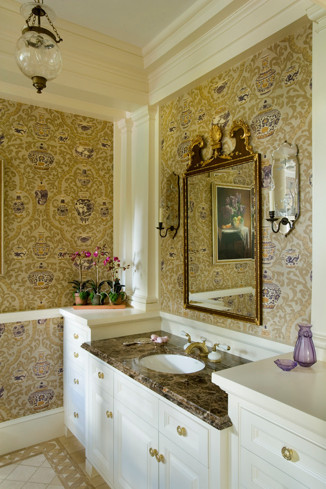 catalano architects marble bathroom damask wallpaper gold hardware better decorating bible blog traditional country
