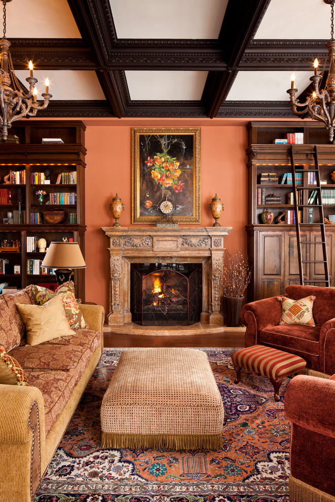 david boyes home concepts living room rustic traditional fringe sofa persian carpet mantel wood panelling waffle ceiling better decorating bible blog