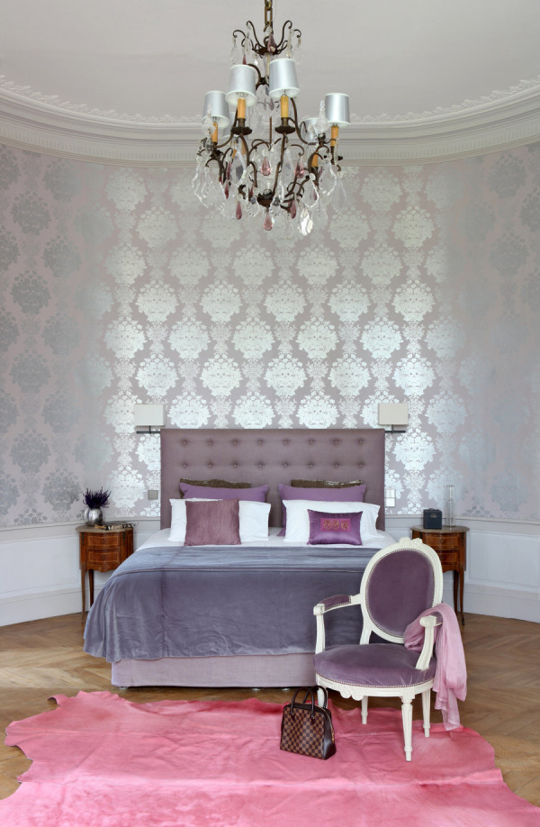 style me pretty pantone radiant orchid hue chandelier damask wallpaper louis pink cow hide tudted head board metallic
