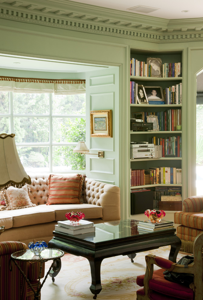 lime green walls wood panelling chesterfield tufted sofa library decor traditional-Living-Room