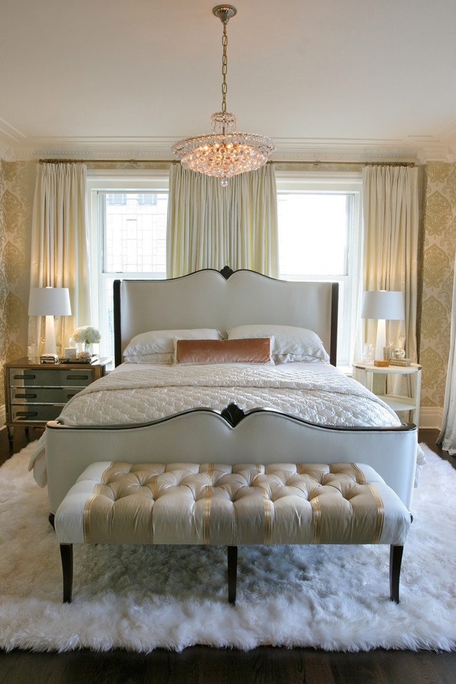guest bedroom queen anne frame tufted end bench ideas plush white lamb fur rug carpet damask metallic wallpaper better decorating bible blog ideas