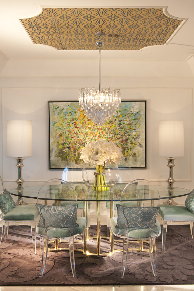 dining room lucite chairs decor chandelier glass table wallpaper on ceiling