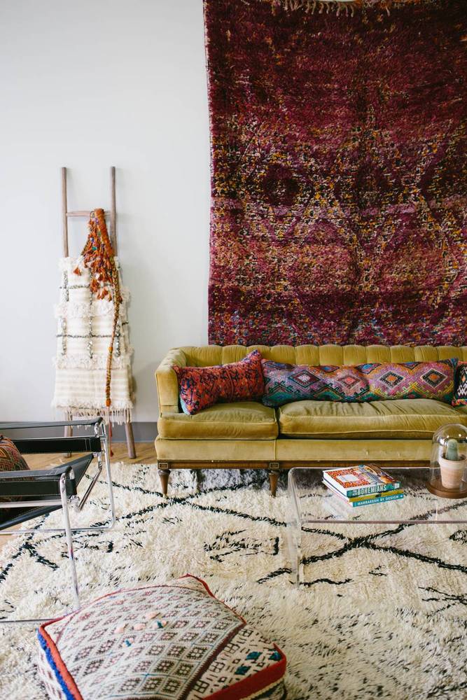 bohemian living room decorating rug on wall maroccan style